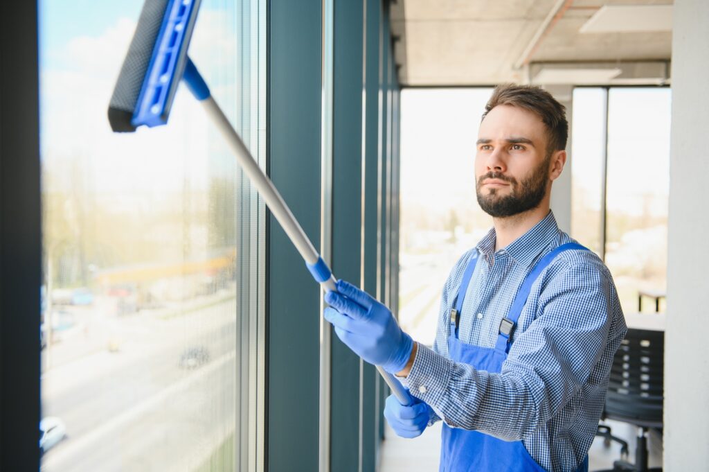 Young man cleaning window in office