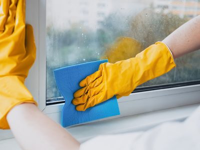 Man in yellow rubber gloves cleaning window glass with cleaner spray detergent and squeegee