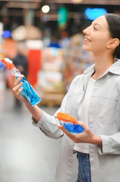 Young woman in household chemistry department of supermarket